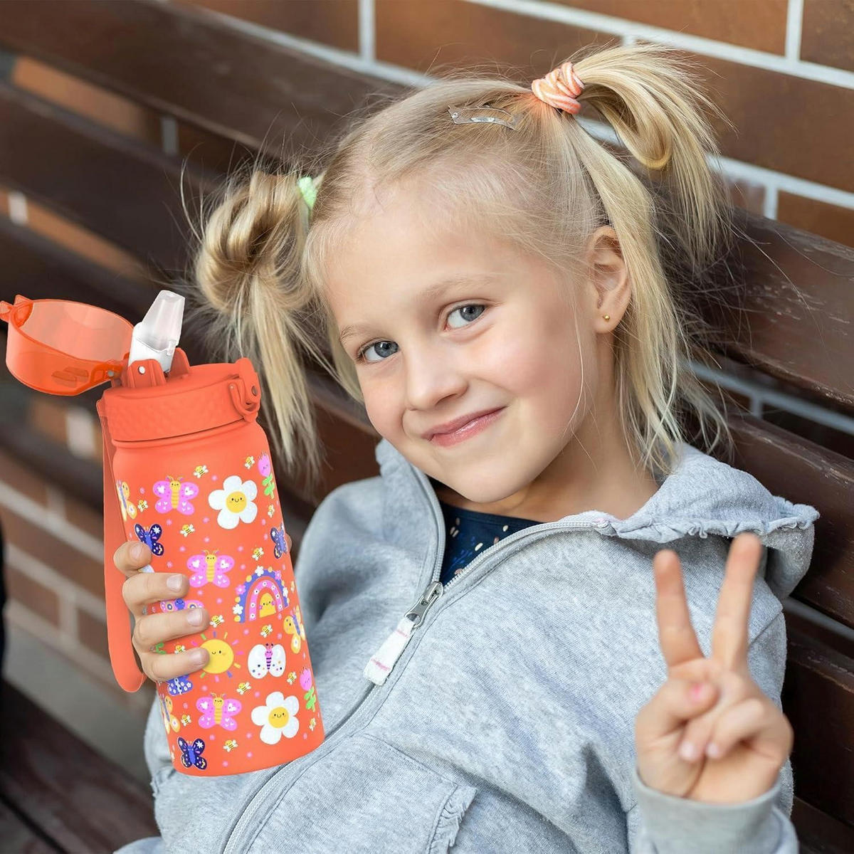 KINDER Trinkflasche 420 ml Edelstahl mit Strohhalm doppelwandig isoliert BPA-frei - Multicolor, Metall (7.5/7.5cm)