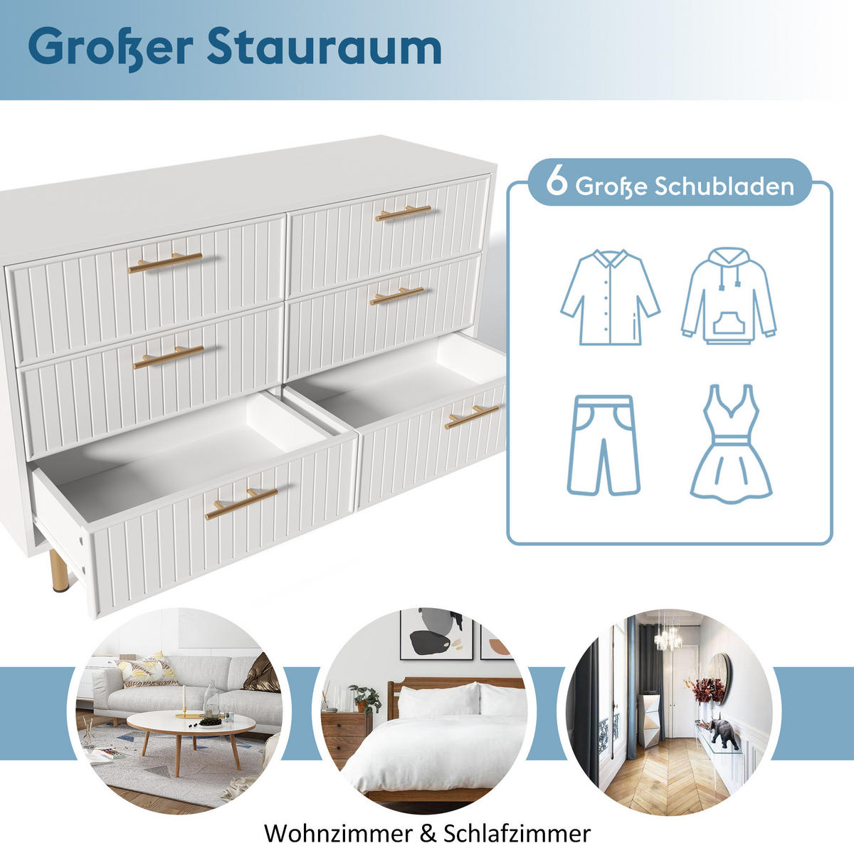 SCHUBLADENKOMMODE 120/40/75 cm mit 6 Schubladen und goldfarbenen Griffen - Weiß, Holzwerkstoff (120/40/75cm) - BEAOK