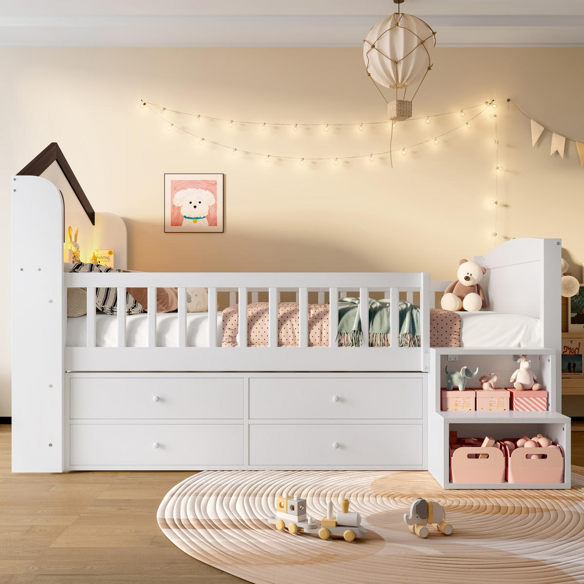 KINDERBETT 90/200 cm in Hausform mit LED, Stauraumleiter und 4 Schubladen - Weiß, Holz (90/200cm) - BEAOK