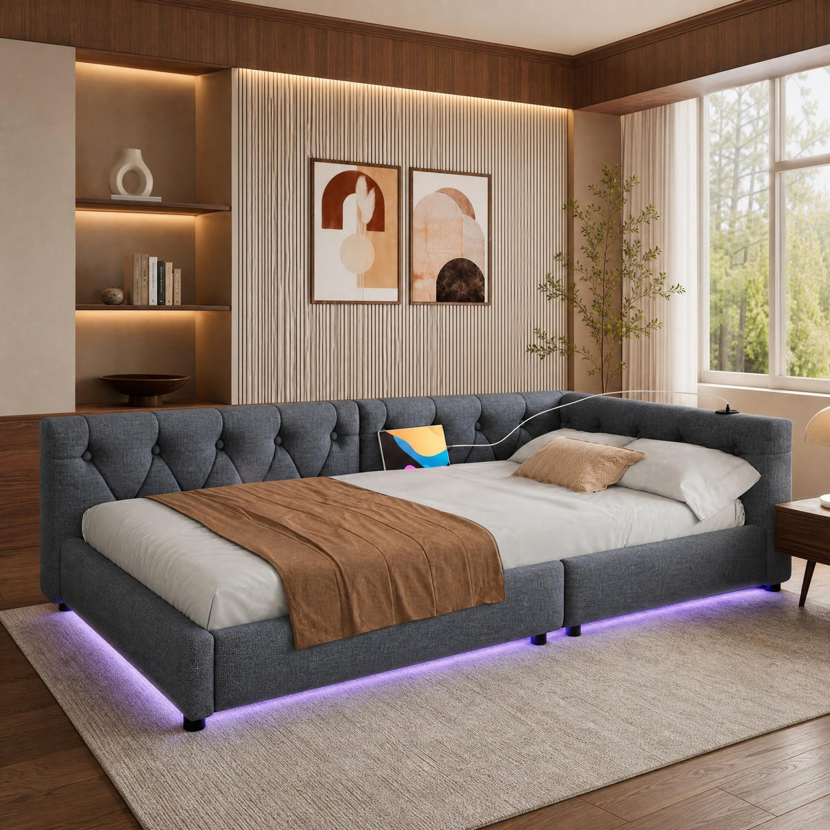 POLSTERBETT 90/200 mit LED, USB, Type-C und Knopftuft-Kopfteil in Grau - Grau, Holzwerkstoff/Textil (90/200cm) - EVRYAE