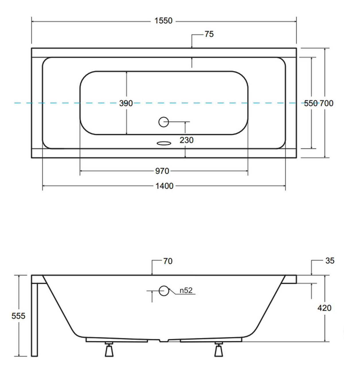 BADEWANNE Rechteck QUADRO 155/70 Ablauf & Füße - Weiß, Kunststoff (70/55.5/155cm) - bad land