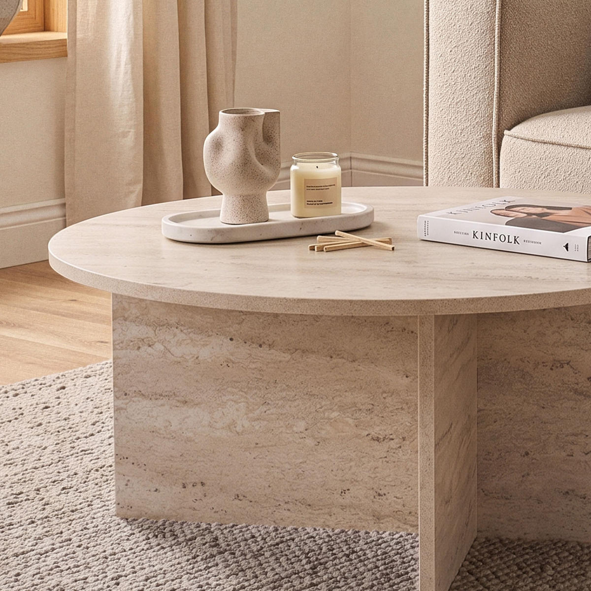 SOFFBORD med rundad skiva, 90 cm långt - SOLEIL - Beige, Träbaserade material (95/90/40cm) - Calicosy