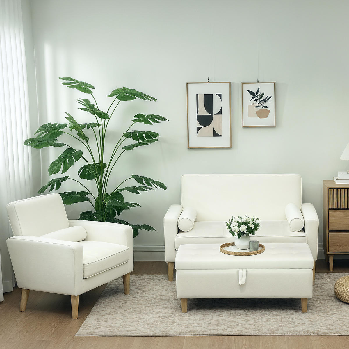 SITZBANK mit Stauraum Sitztruhe mit Samtoptik, Bettbank mit Holzbeine Creme - Creme/Naturfarben, Holz/Textil (50/43/115cm) - HOMCOM