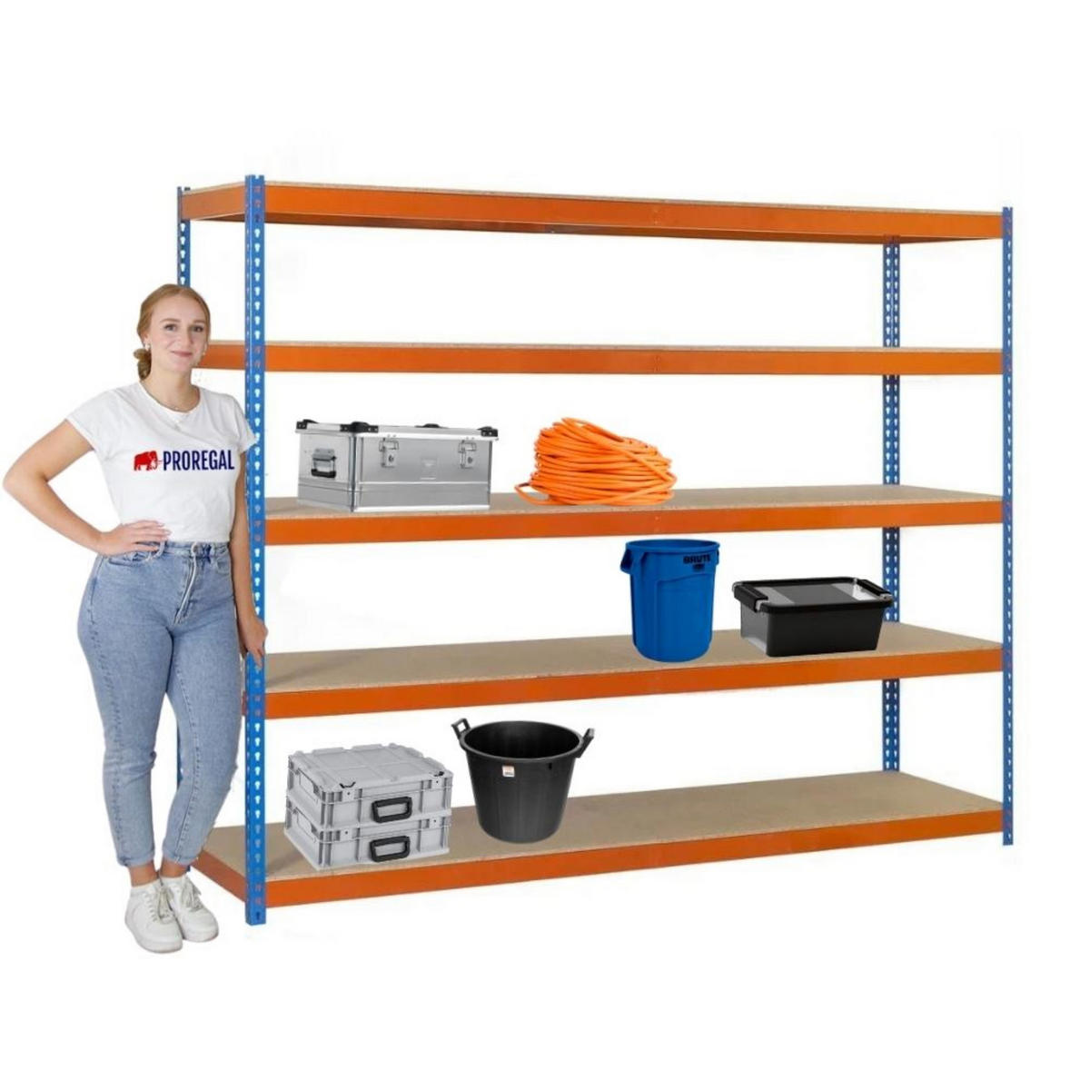 SCHWERLASTREGAL Wood Beast Five HxBxT 200 x 240 x 90 cm 5 Ebenen Fachlast 400 kg Blau-Orange - Gelb, Metall (240/200/90cm) - PROREGAL