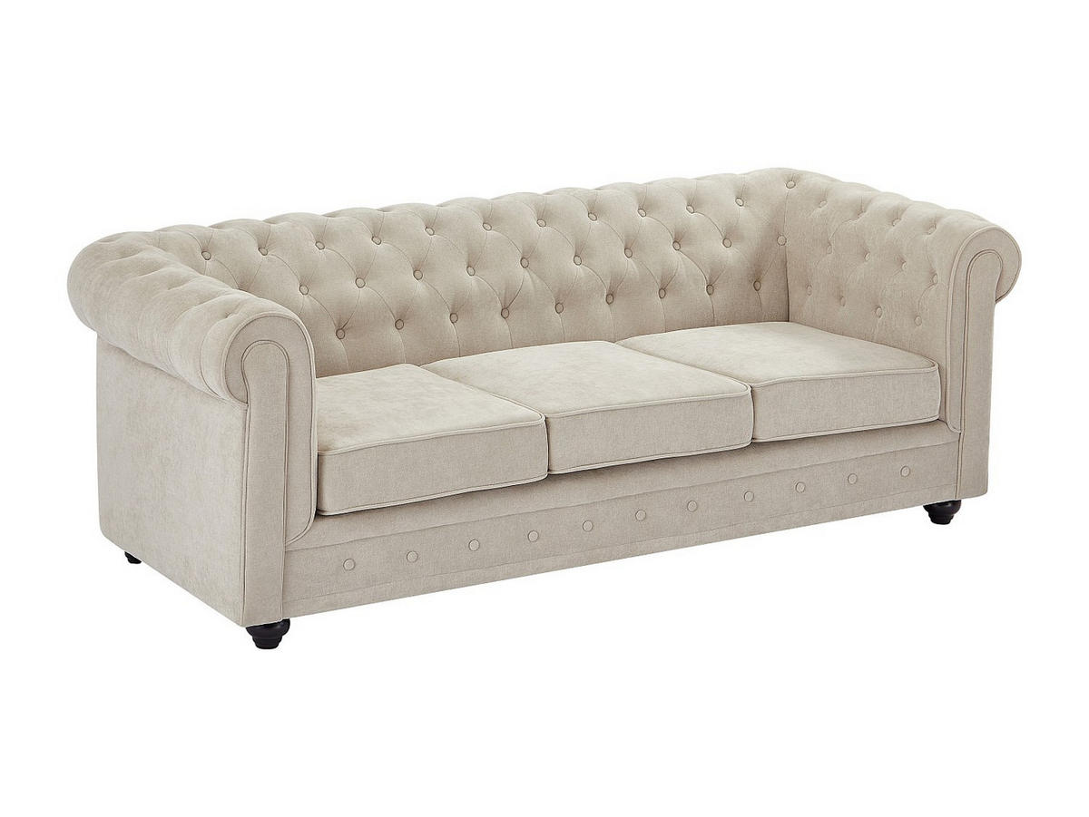 SOFA - 3 Personen - stoff - beige Chesterfield - Beige, Holz/Textil (205/72/88cm) - Vente-Unique