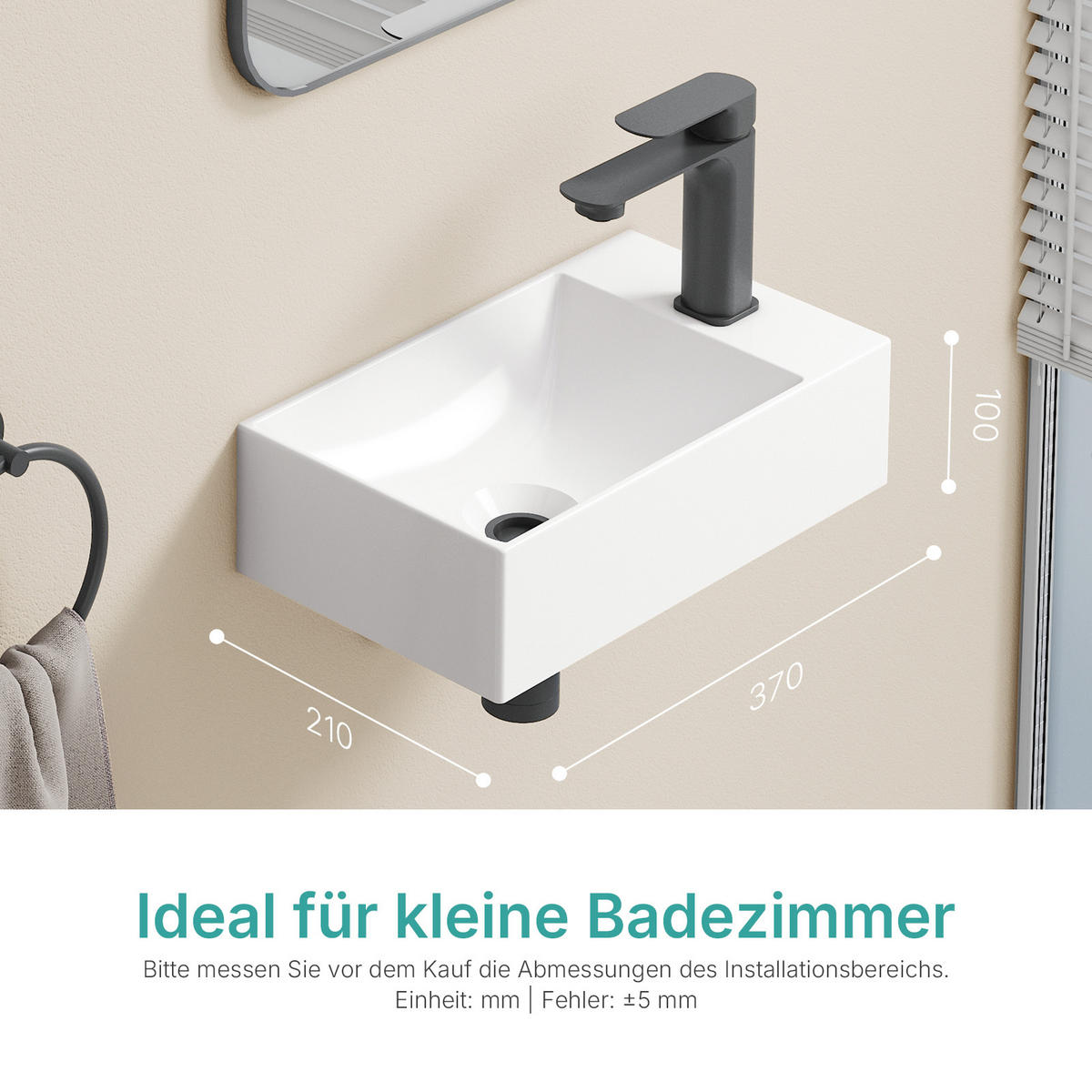 HANDWASCHBECKEN Rechts-Wasserhahnloch 38 / 22 / 10 cm - Weiß, Keramik (22/10/38cm) - EMKE