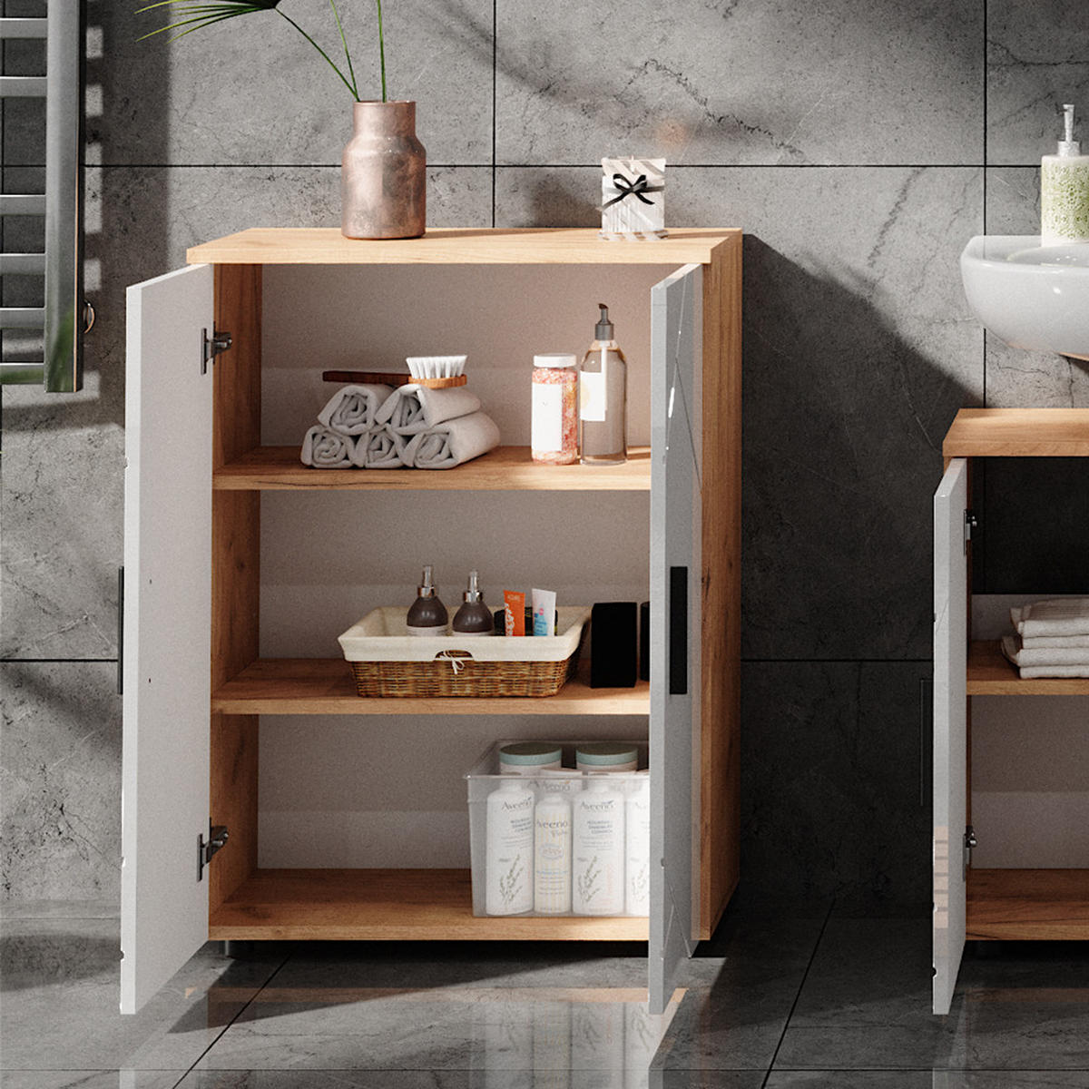 MIDISCHRANK Irma Goldkraft Eiche/Weiß Hochglanz 60 x 81 cm - Weiß Hochglanz/Eiche Wotan, Holzwerkstoff (60/81/30cm) - Vicco