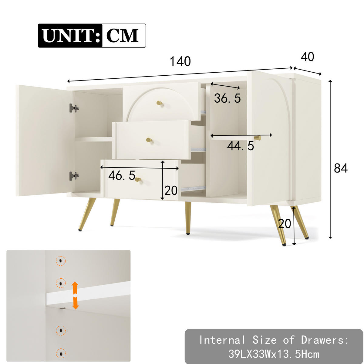KOMMODE aus Holz und Metall 140x40x84 cm Creme-Weiß mit 2 Türen, 3 Schubladen und verstellbarem Fachboden - Weiß, Holzwerkstoff (140/40/84cm) - Modfu