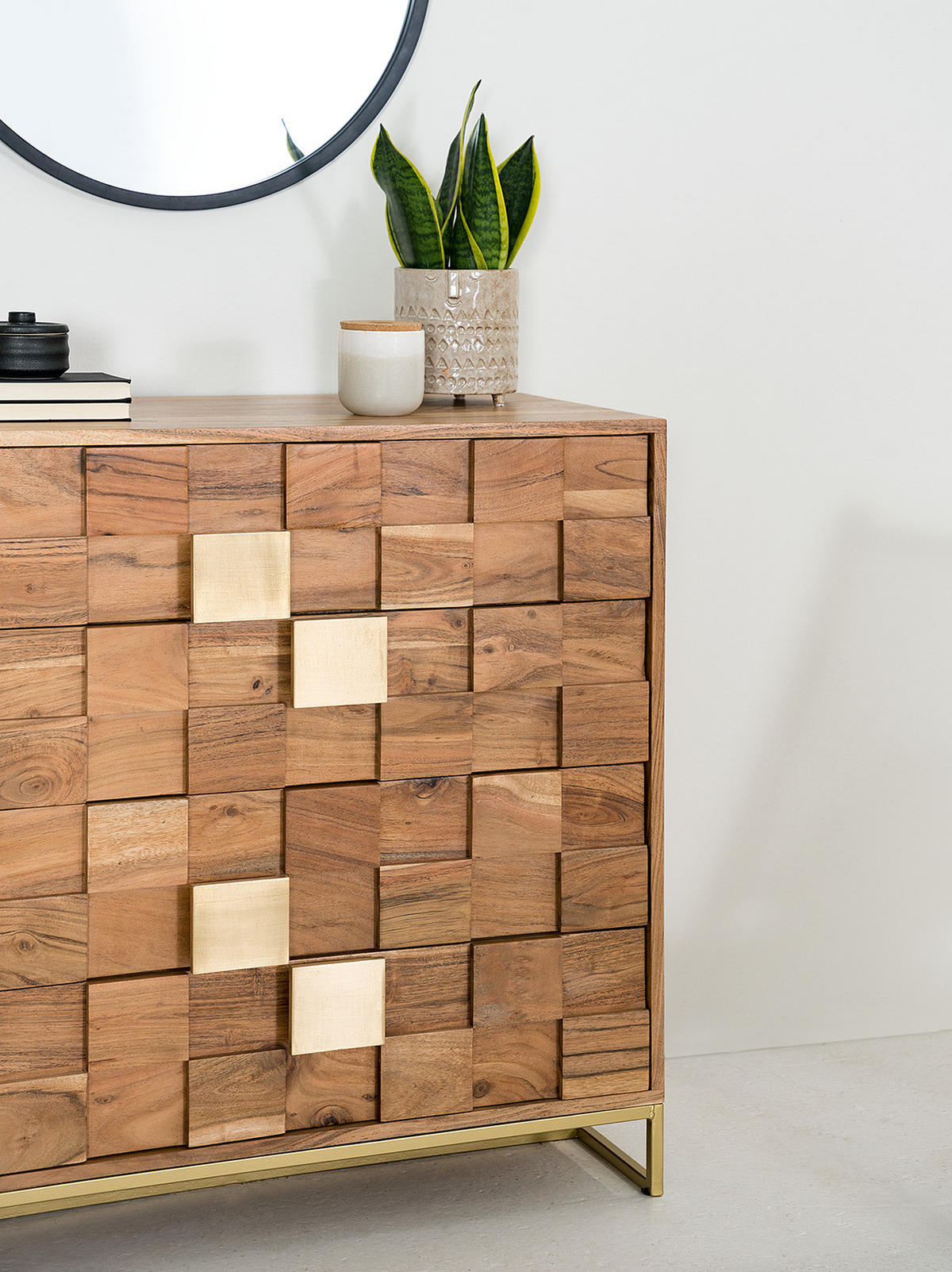 KOMMODE mit 4 Schubladen - Akazie massiv / Eisen - Goldfarben/Akaziefarben, Holz/Metall (85/85/40cm) - home24