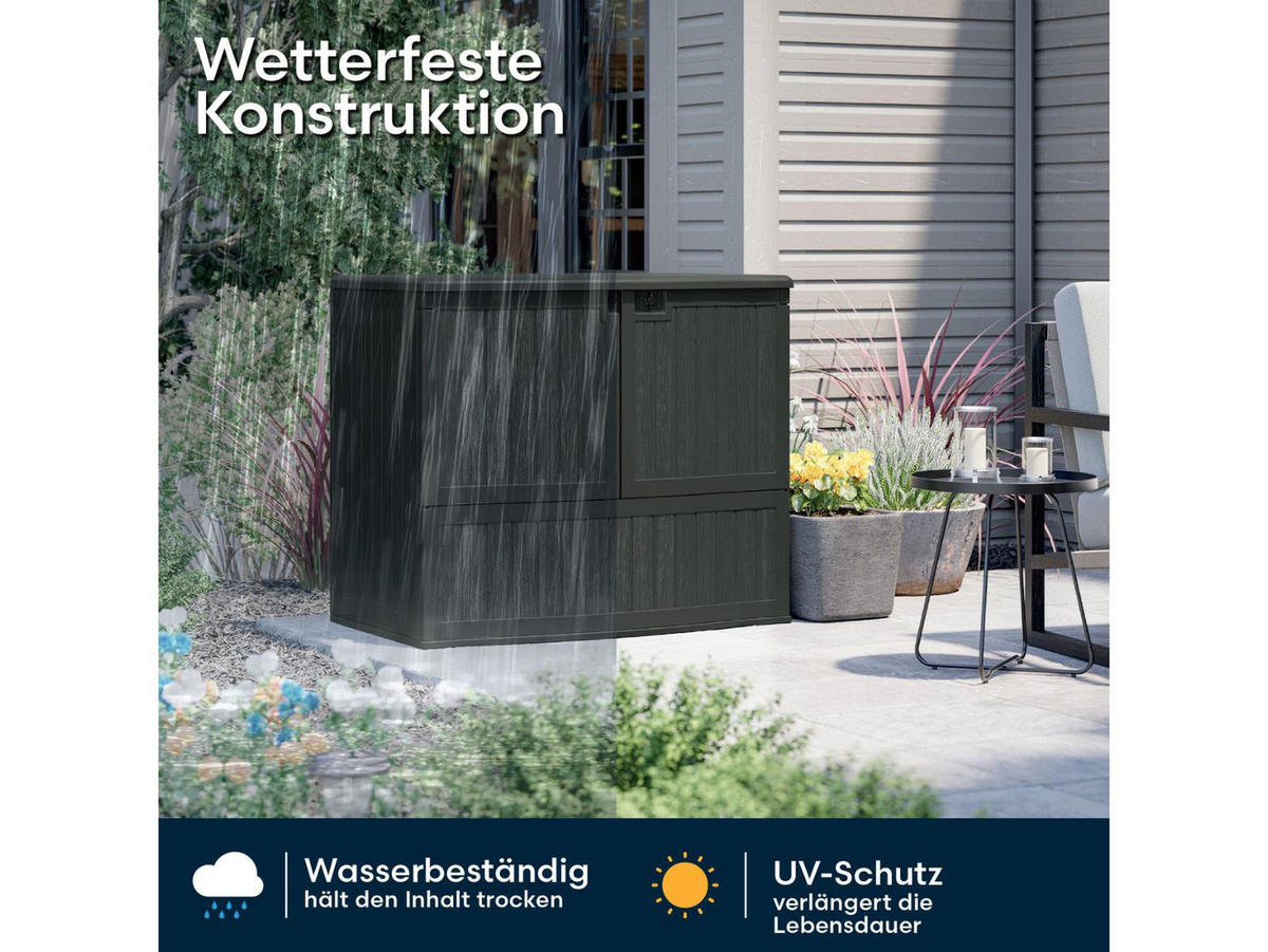 GARTENSCHRANK 738 Liter in Barhöhe mit aufklappbarer Arbeitsfläche, zwei Fronttüren und Camlock-Schloss, 124 × 77 × 105 cm, anthrazit - Braun, Kunststoff (80/175/120cm) - Suncast