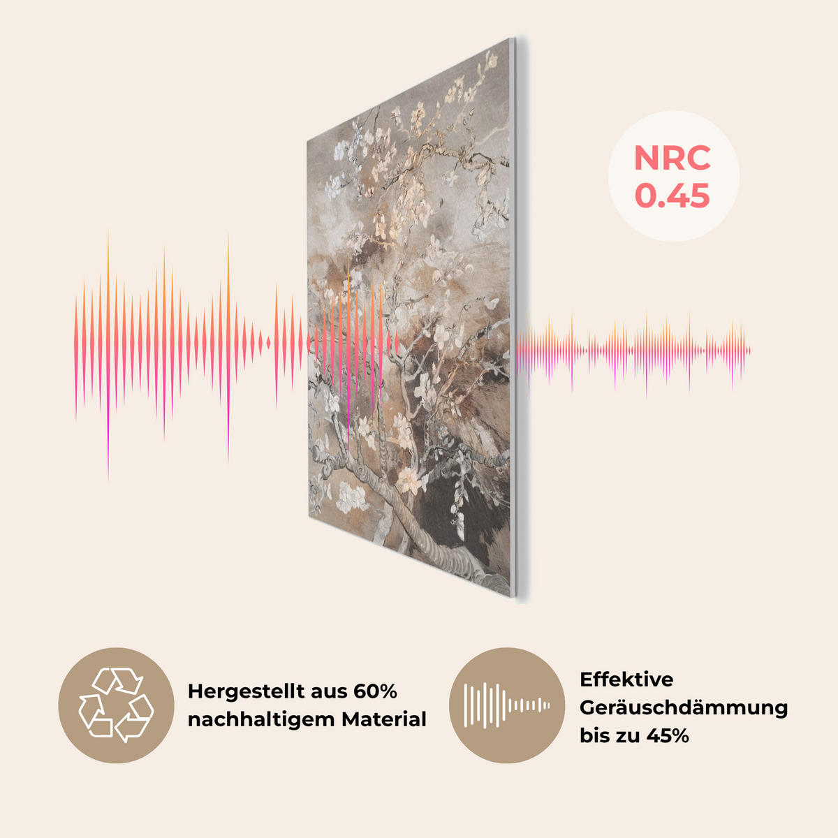 AKUSTIKPANEEL Mandelblüte - Kunst - Van Gogh - Beige - Abstrakt 60x80 cm - Braun, Textil (60/0.9cm) - MuchoWow