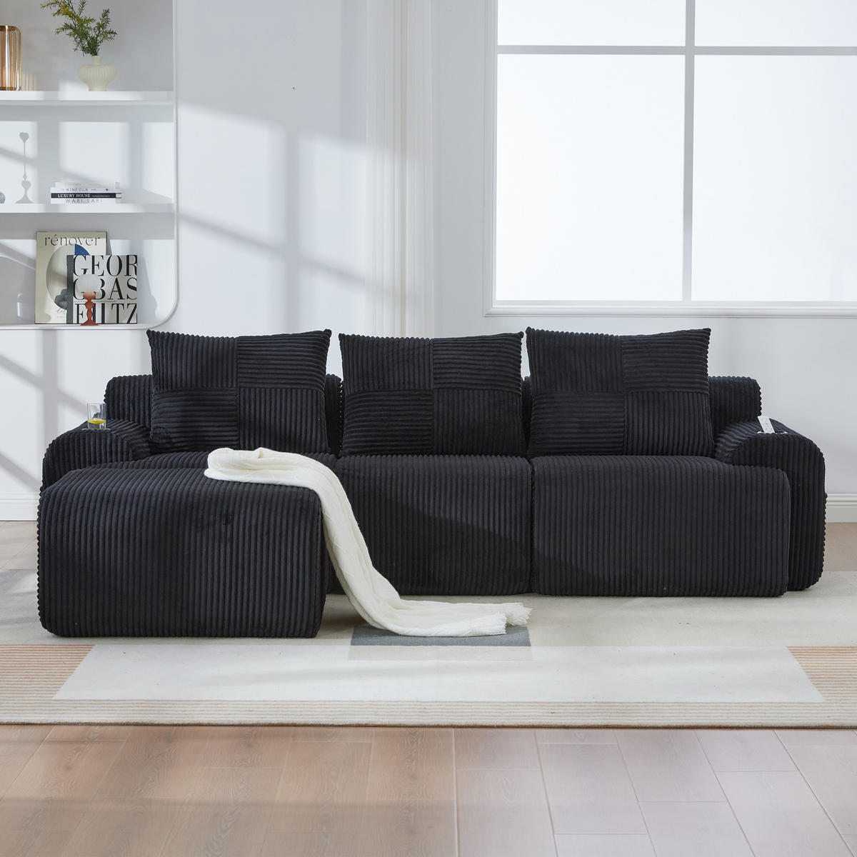 3-SITZER Modulsofa aus Cord 268x174x80 cm mit Cupholder & Seitentasche, schwarz - Schwarz, Textil (174/80/268cm)