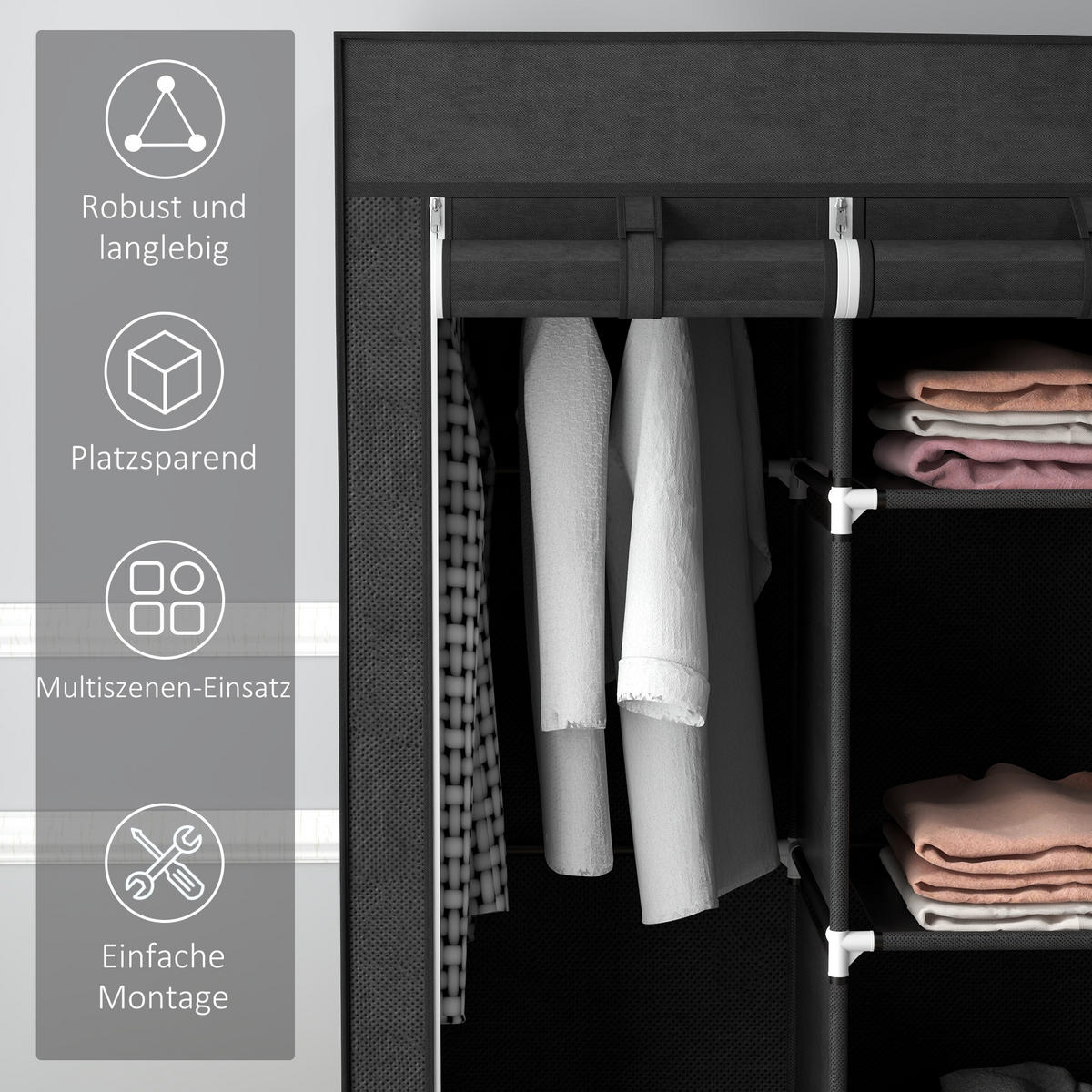 STOFFSCHRANK, Kleiderschrank, Schwarz - Schwarz, Metall (43/162.5/125cm) - HOMCOM