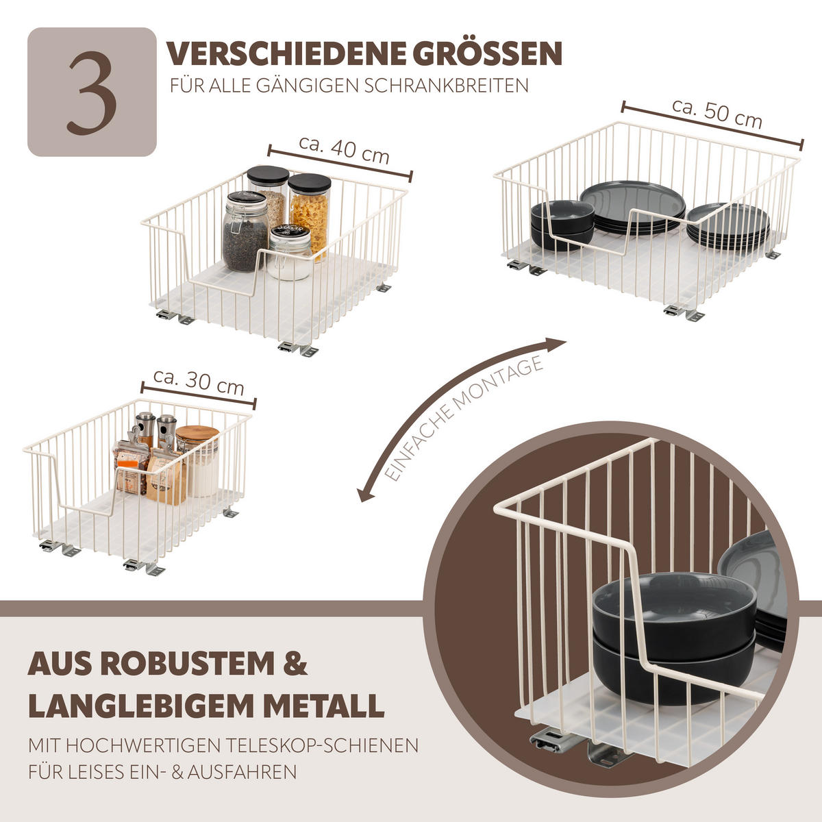 SCHRANK-KORBAUSZUG 30 cm, cremeweiß, Metall - Creme, Metall (30/23/50.5cm) - bremermann