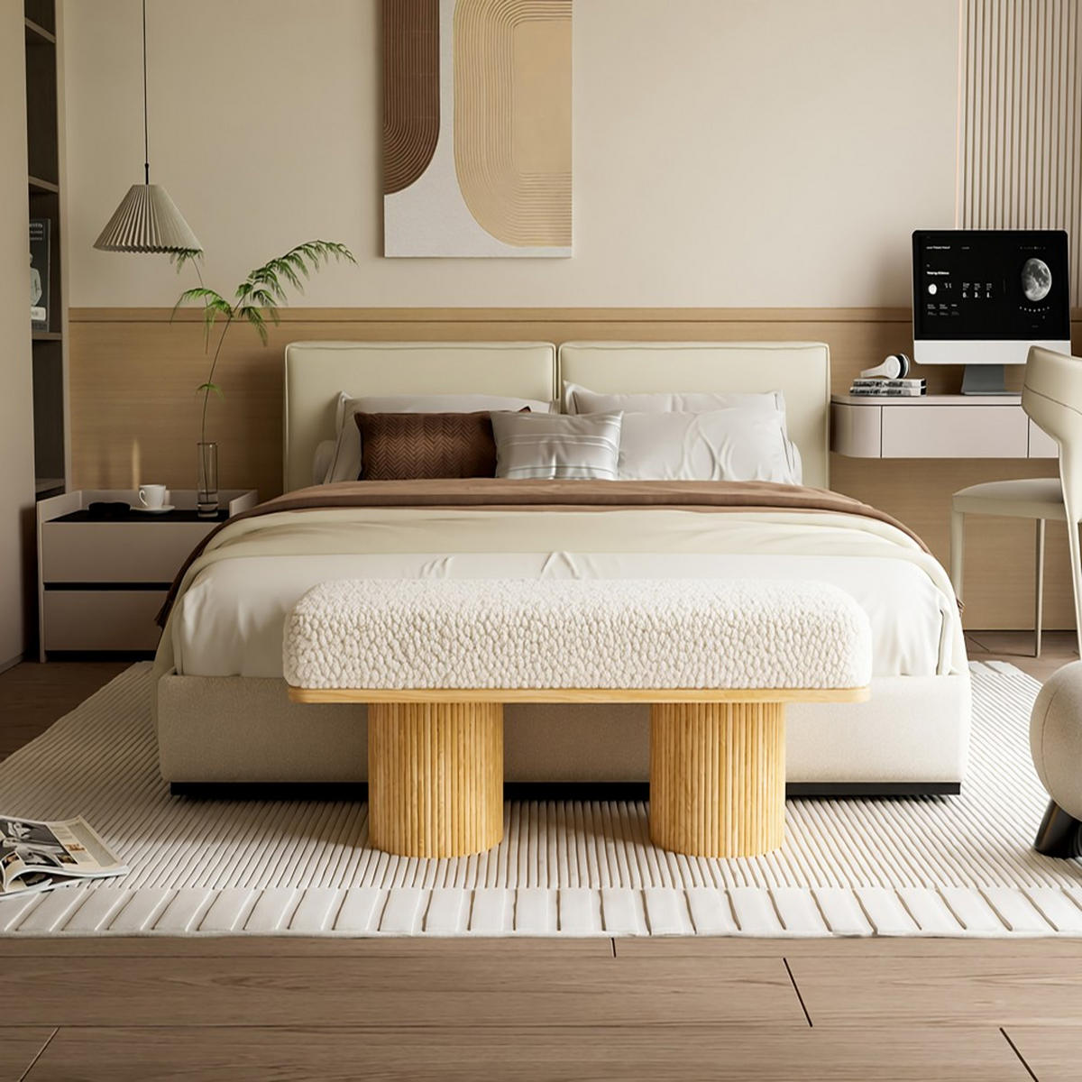 HOCKERBANK 122 cm gepolstert mit Teddy-Fleece und Holzgestell, cremefarbene Sitzbank für Schlafzimmer & Flur - Eukalyptusholzfarben/Beige, Naturmaterialien (46/42.5/122cm)