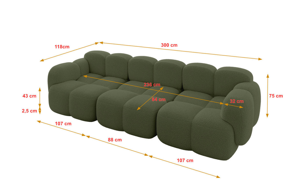 3-SITZER modulares Sofa Miko-S2 300x118x75 cm Grün Bouclé - Smaragdgrün/Schwarz, Holzwerkstoff/Kunststoff (300/75/118cm) - ALTDECOR