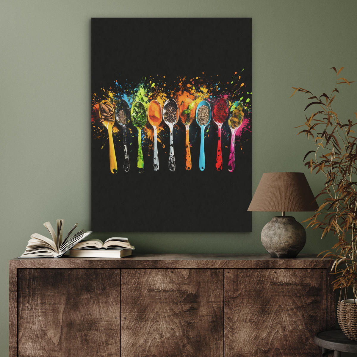 AKUSTIKBILD Löffel - Gewürze - Modern - Graffiti - Farbe - Farbenfroh Wandbilder 60x80 cm - Multicolor, Textil (60/80/0.9cm) - MuchoWow