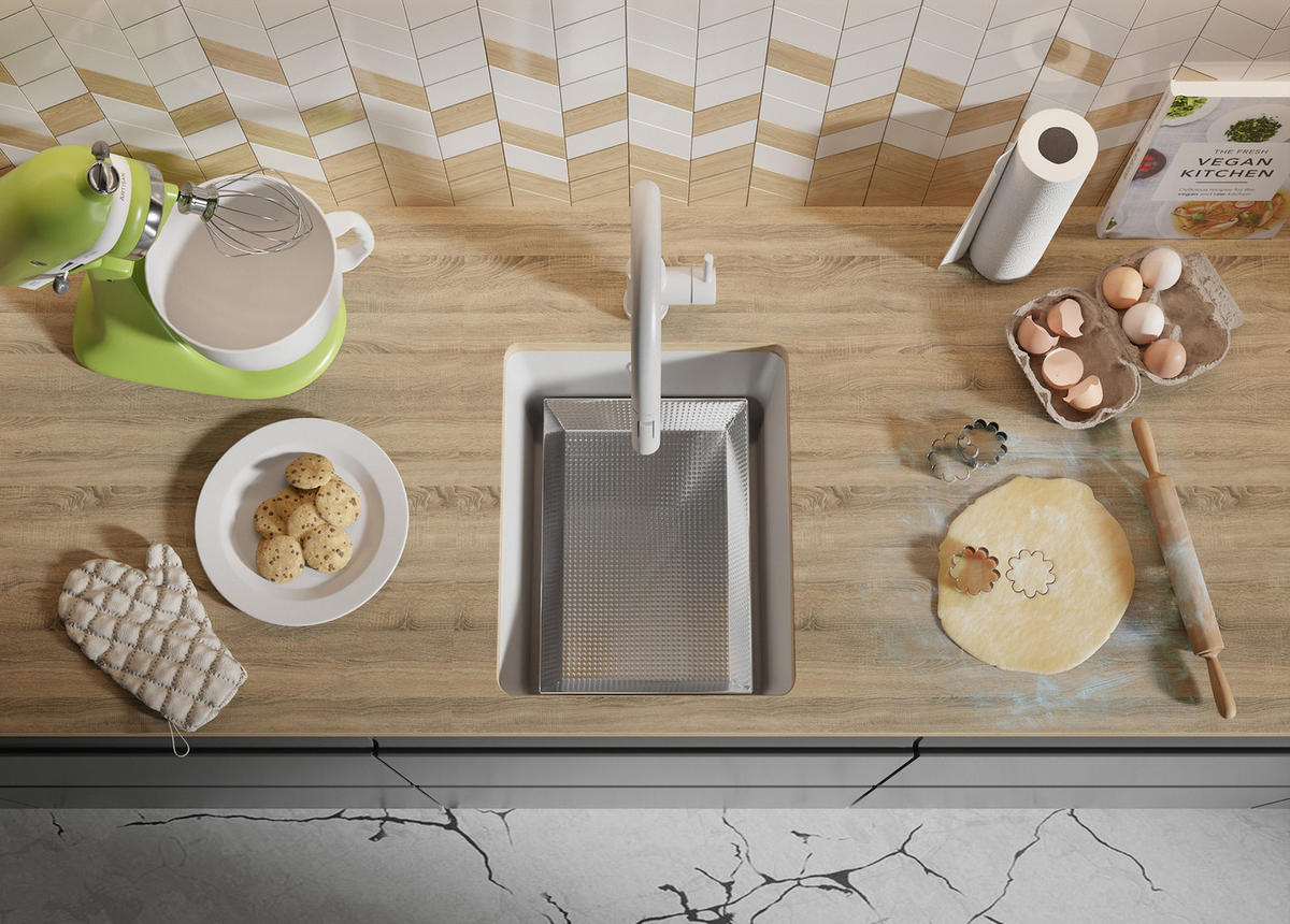 UNTERBAUSPÜLE GRANIT Venedig Easy, 2-er set Weiß 36/44 cm 1 Becken + Ablauf-Set ab 40er Unterschrank - Chromfarben/Weiß, Kunststoff (36/20/44cm) - Primagran