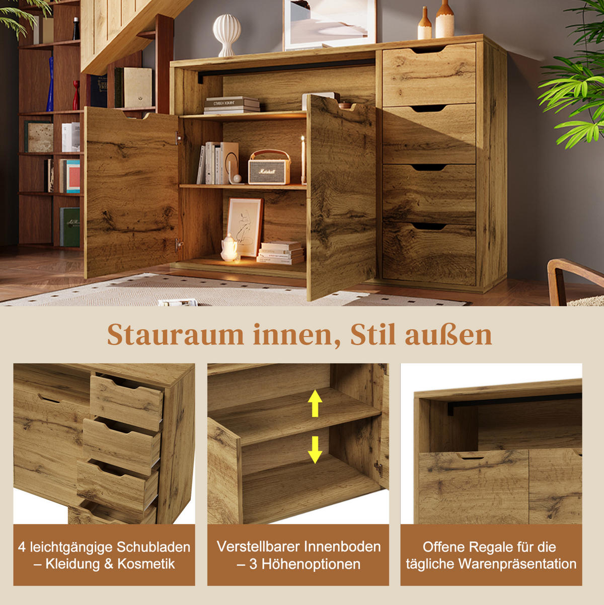 SIDEBOARD aus MDF und Metall 150x40x90 cm Eichefarben/Schwarz mit 2 Türen, 4 Schubladen, offenem Fach und Softclose - Eichefarben, Holzwerkstoff (150/90/40cm) - Modfu
