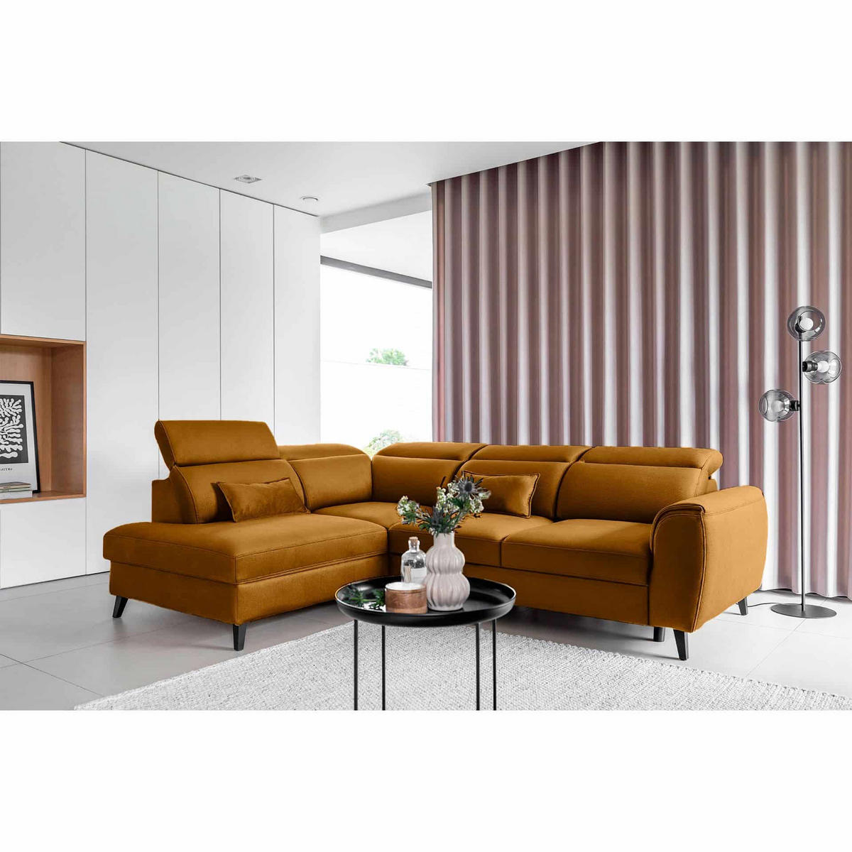 ECKSOFA mit Schlaffunktion & Bettkasten - Gelb/Schwarz, Holz/Textil (255/201cm) - Eltap