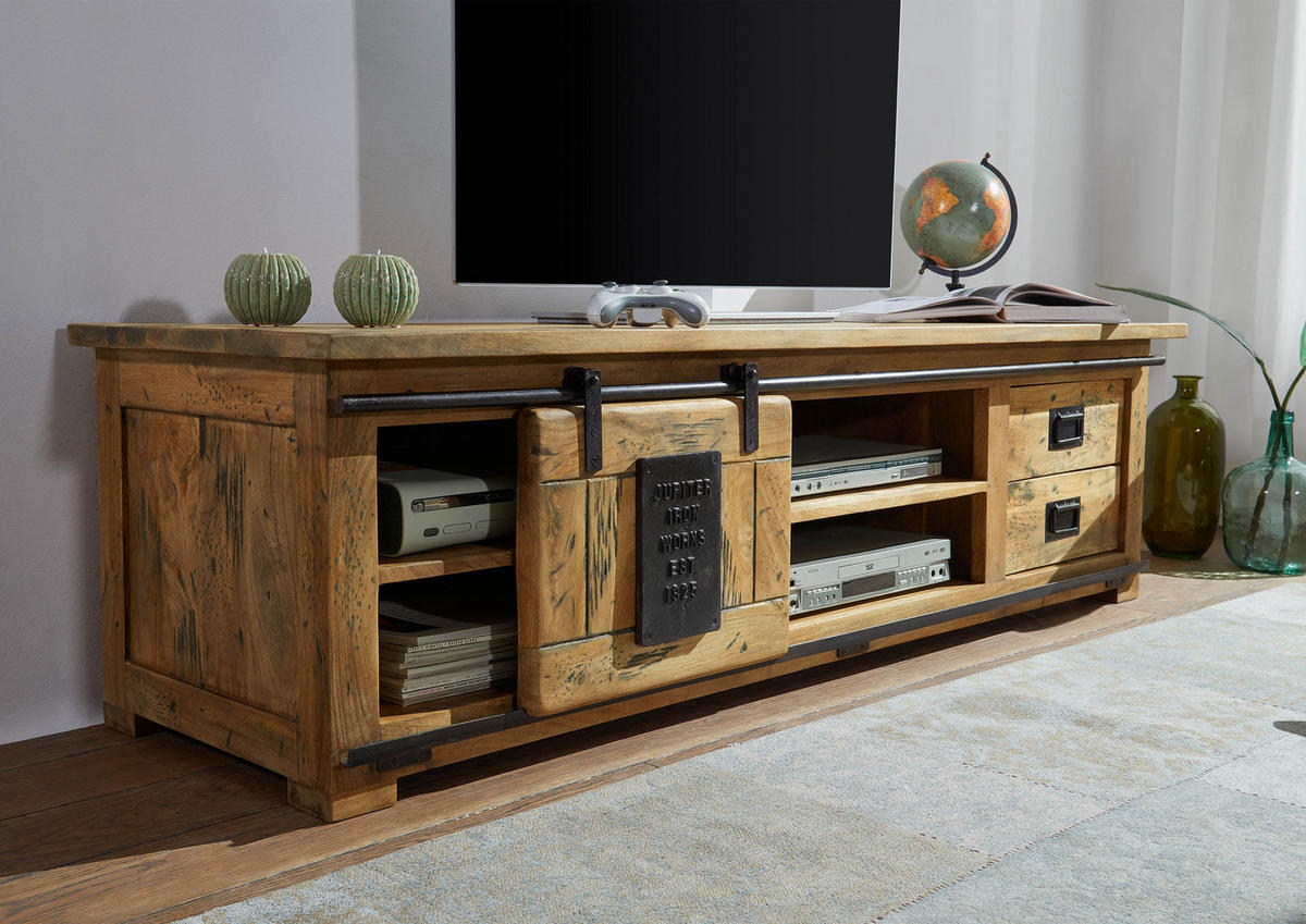 TV-BOARD Mango 180x55x50 natur lackiert RAILWAY #145 - Naturfarben, Holz (180/50/55cm) - Massivmoebel24