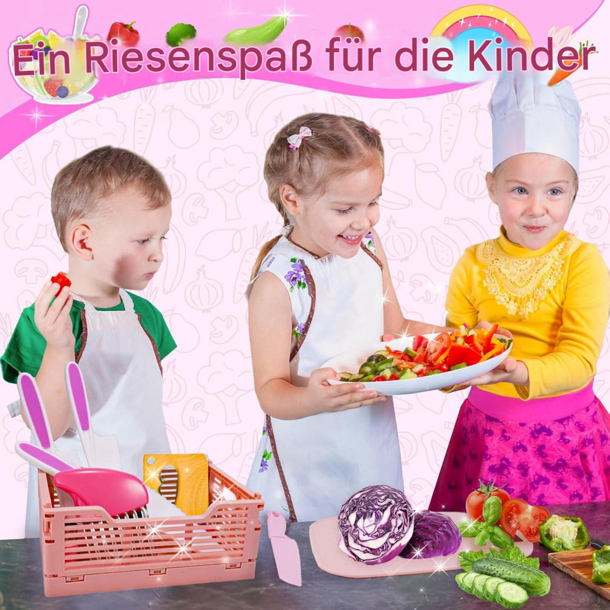 KINDERKÜCHE Messerset, Montessori Werkzeuge, mit Korb Aufbewahrung - Pink, Kunststoff (21/31/4cm) - Authentics