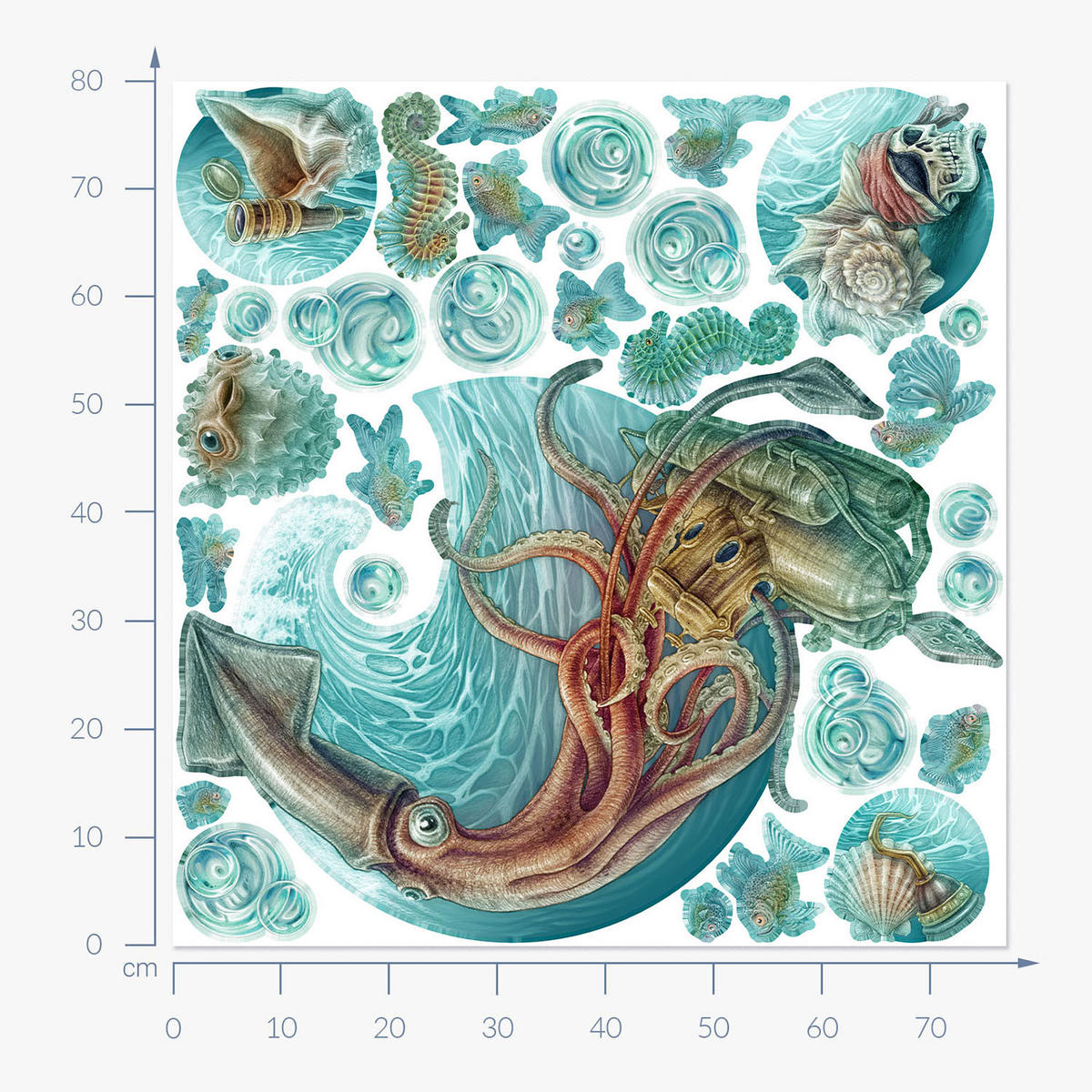 WANDAUFKLEBER 80x77cm - Unterwasserwelt - Multicolor, Kunststoff (80/77/0.1cm) - Wallfluent