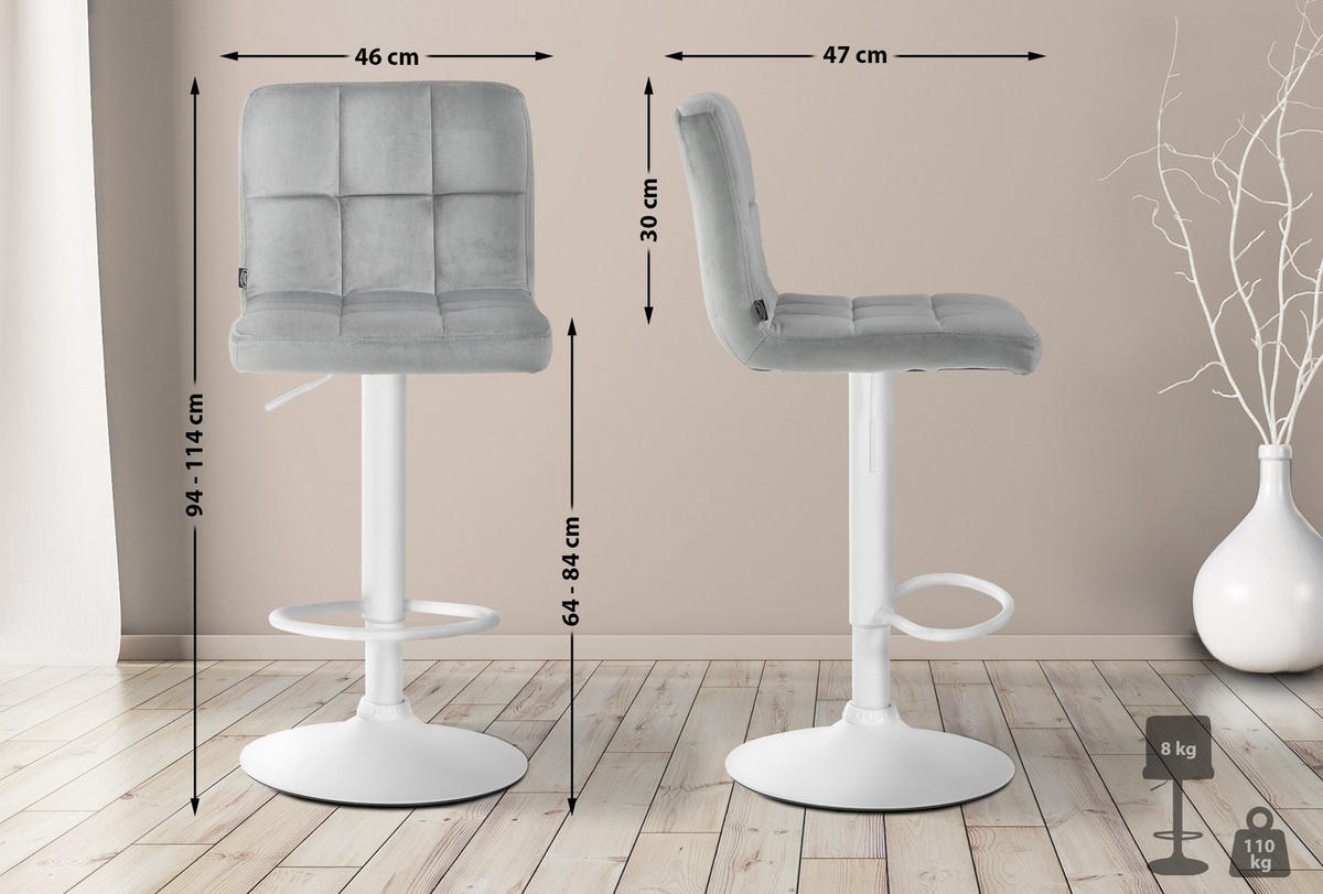 BARHOCKER Samt grau - Weiß/Grau, Textil/Metall (46/94/47cm) - CLP