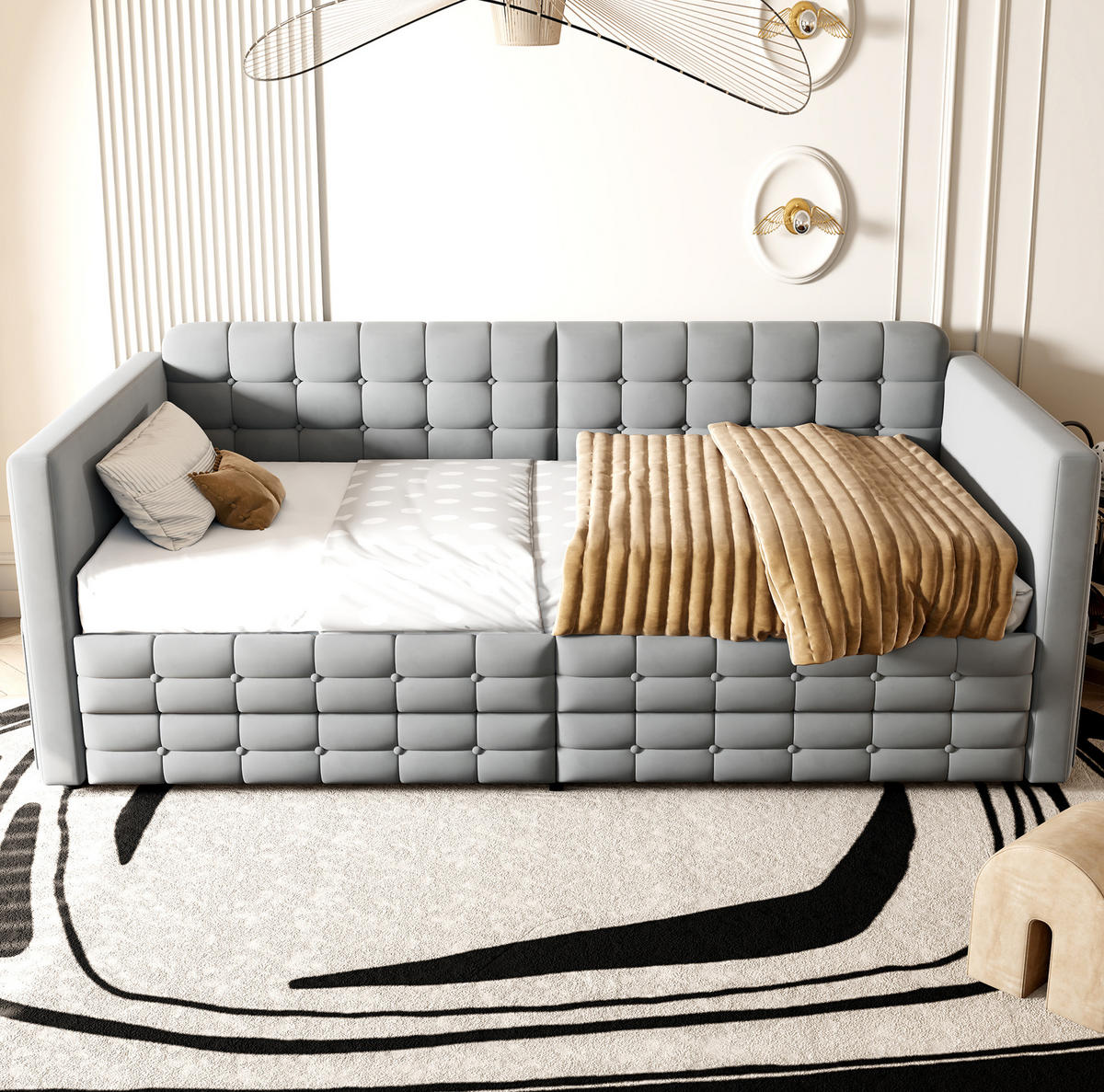 POLSTERBETT 90/190 cm aus Samt mit Stauraum, Hellgrau - Hellgrau, Textil (90/190cm) - OKMYHOME