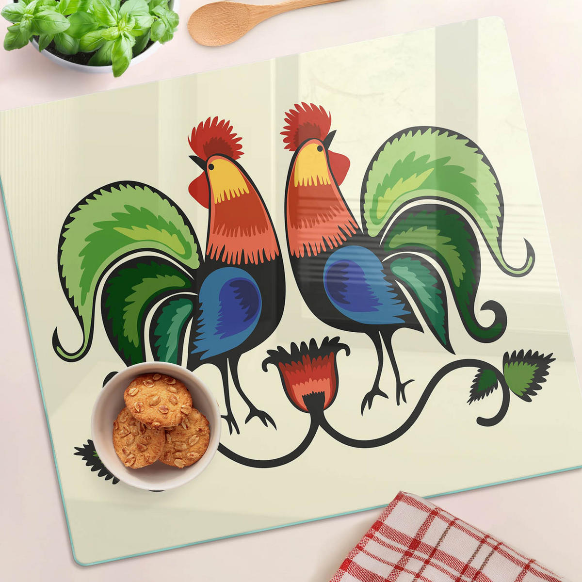GLASPLATTE 60x52 cm Hahnenmuster - Multicolor, Glas (60/0.4/52cm) - TULUP