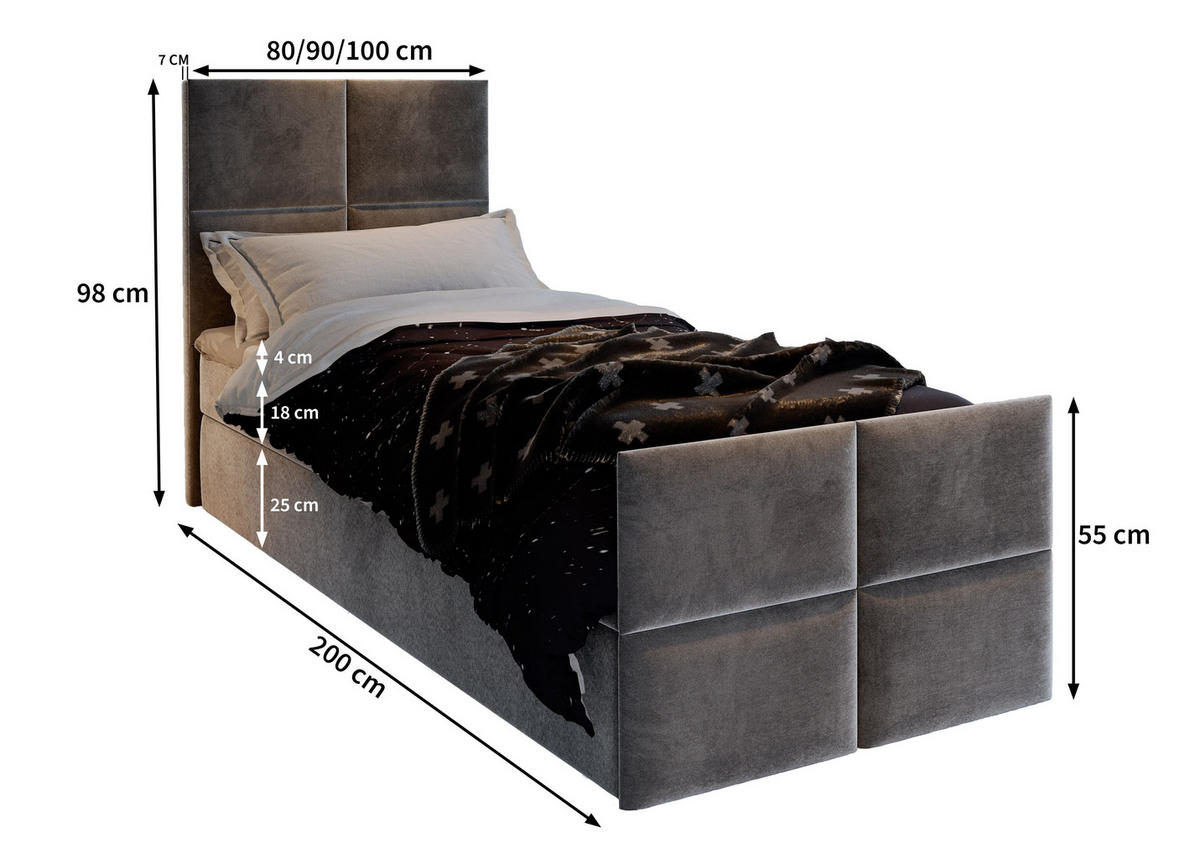 BOXBETT ARIEL 100 100x200 cm mit Matratze und Topper - Dunkelgrau - Dunkelgrau, Holz (100/200cm) - MASSENO