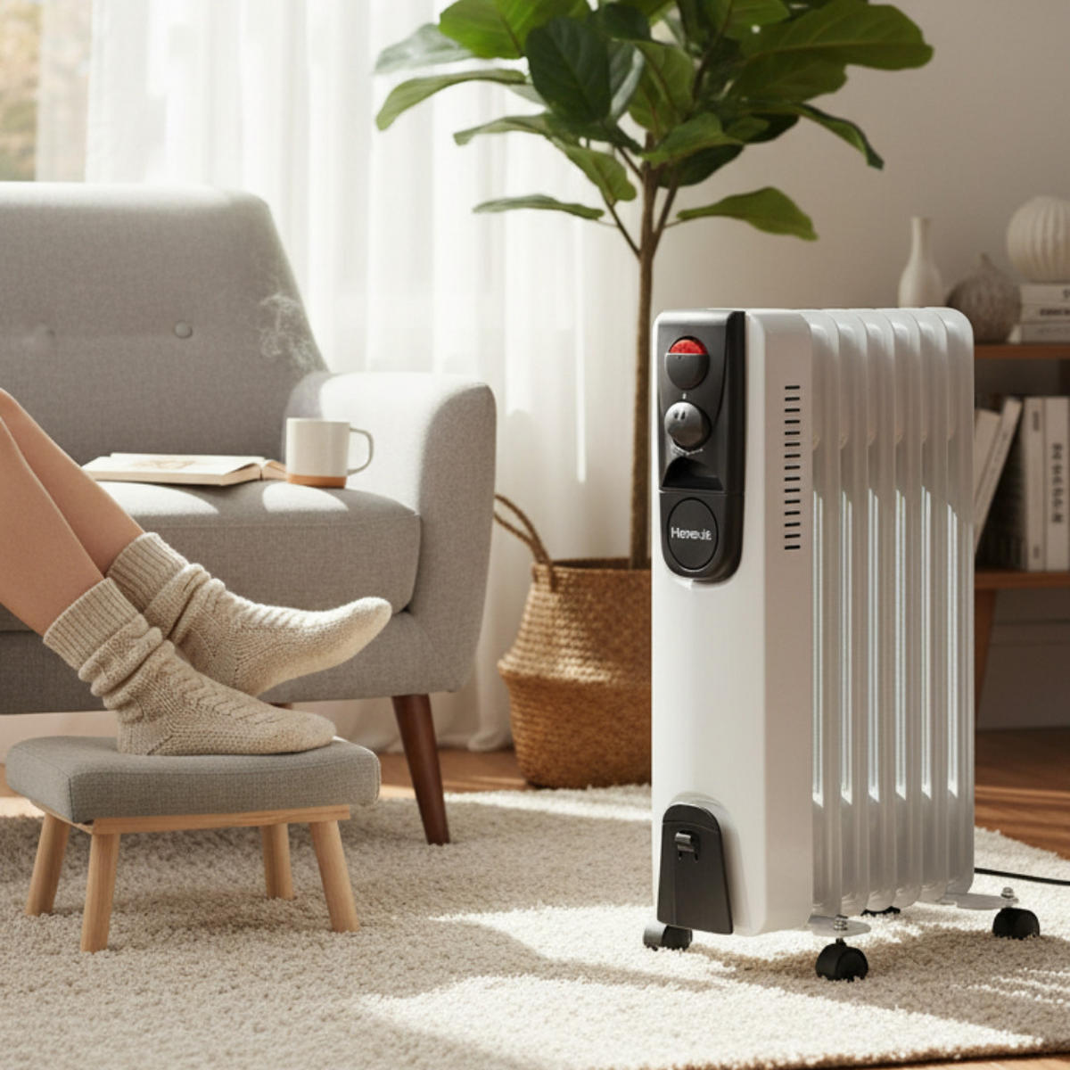 ÖLRADIATOR 1500W, 7 Rippen, Elektroheizung, Heizgerät, Thermostat, 3 Heizstufen, Überhitzungsschutz, Mobiler Heizkörper, Energiesparend, Kompakt - Weiß, Metall (24/55/30cm)