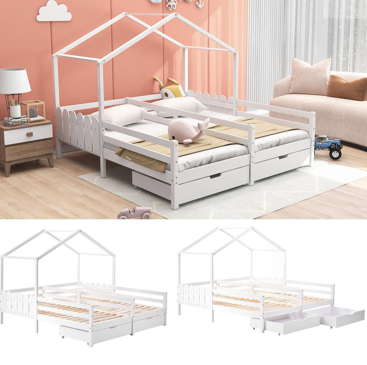 HAUSBETT aus Kiefer und MDF 200x90 cm Weiß mit 2 Schubladen, Schutzgitter und geteiltem Hausbett-Design - Weiß, Holzwerkstoff (90/200cm) - Modfu