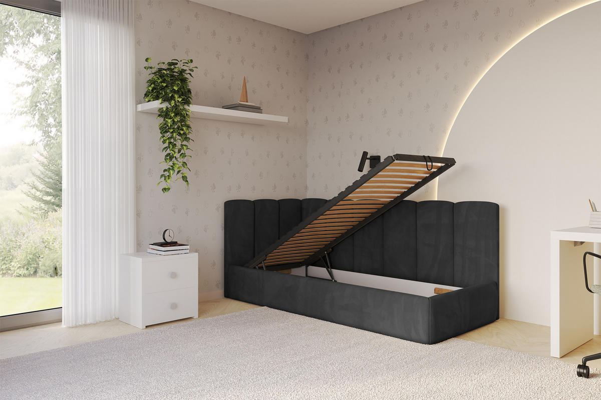 EINZELLBETT Jugendbett mit Bettkasten und Matratze H3/H4, Rechts - DEXY 80x200 Schwarz - Anthrazit, Holzwerkstoff/Textil (80/200cm) - ALTDECOR