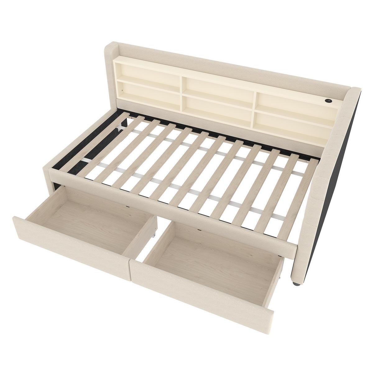 LEŽAJ 90/200 cm bež od lana s 2 ladice USB i Type-C priključcima te policama - bež, tekstil (90/200cm) - OKWISH