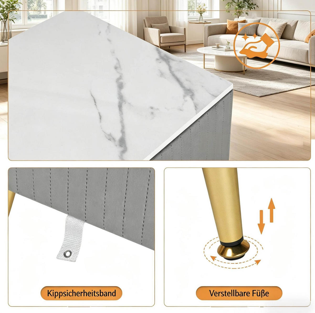 NACHTTISCH aus MDF mit Samt 41x40,5x62 cm Grau mit 3 Schubladen und goldfarbenen Metallbeinen - Grau, Holzwerkstoff (62/41/40.5cm) - Modfu