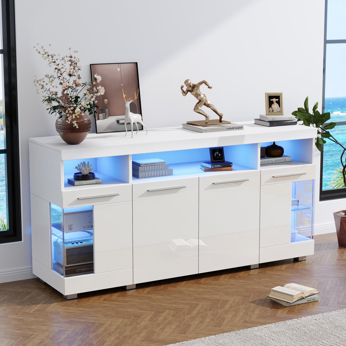 SIDEBOARD aus MDF 140x40x70 cm Weiß mit LED-Beleuchtung, Hochglanzfront und Türen aus gehärtetem Glas - Weiß, Holzwerkstoff (140/70/40cm) - Modfu