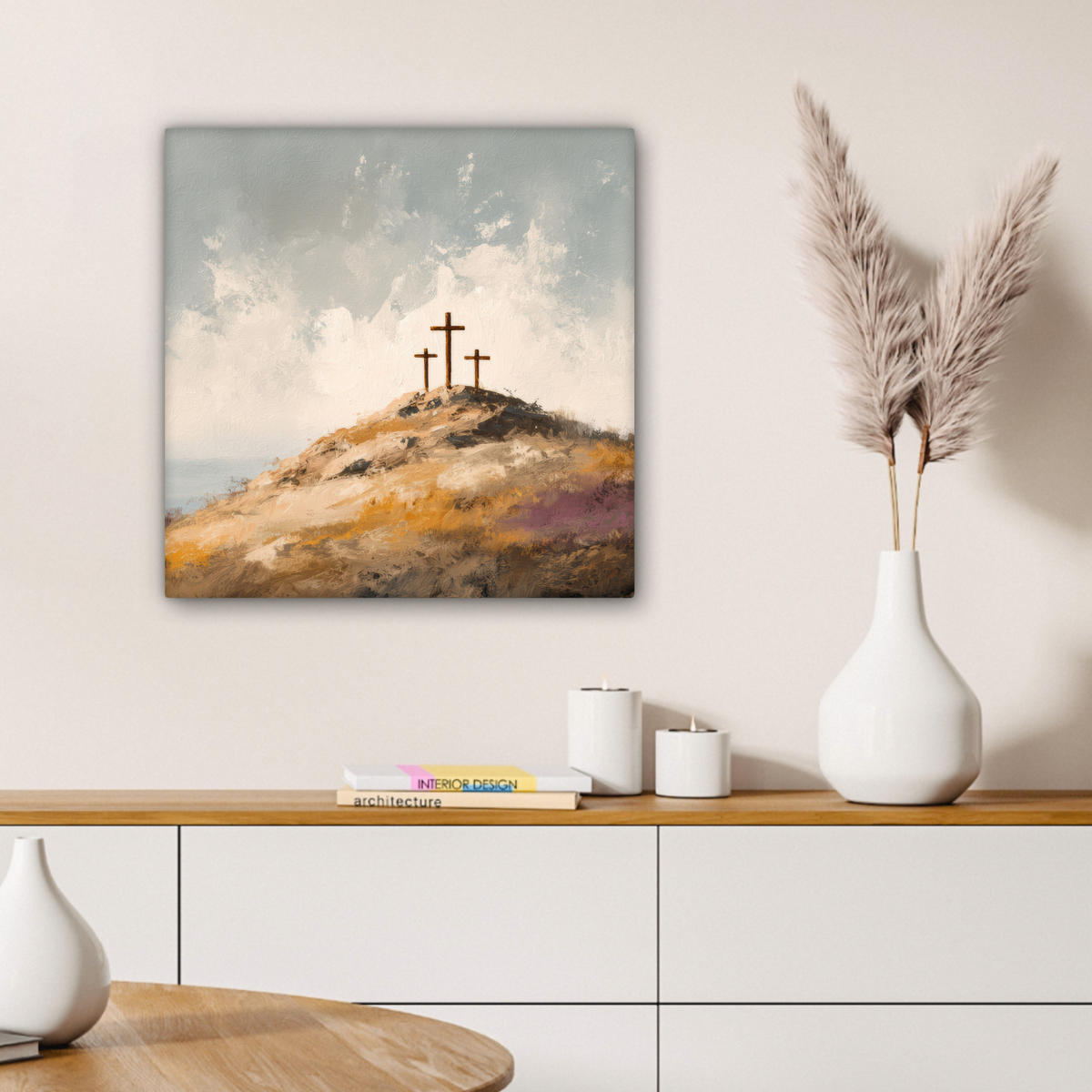 LEINWANDBILD Hügel - Abstrakt - Christentum - Kreuz Wandbild Wohnzimmer 50x50 cm - Hellgrau, Textil (50/50cm) - MuchoWow