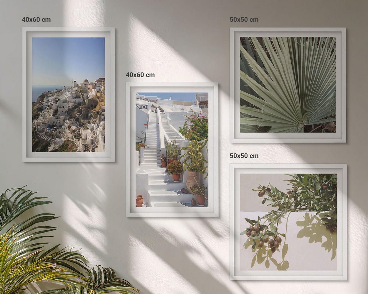 BILDER SET 4er Set - 50x50 cm & 40x60 cm Weißer Rahmen - Weiße Treppe mit Blick auf Santorini - Weiß, Kunststoff (50/50cm) - TULUP