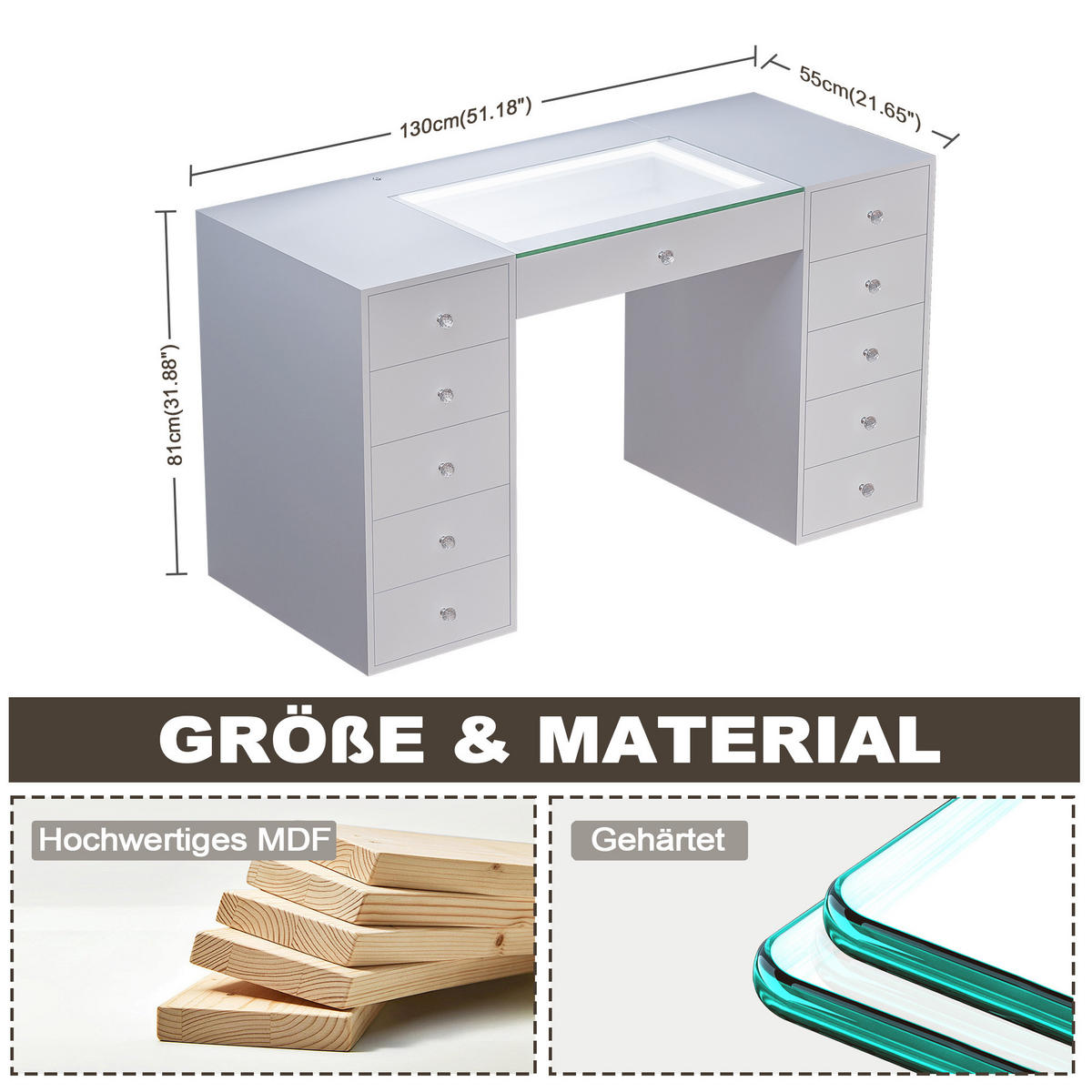 KONSOLENTISCH mit LED 11 Schubladen 130/55/81 CM - Weiß, Metall (55/130/81cm) - VANITII