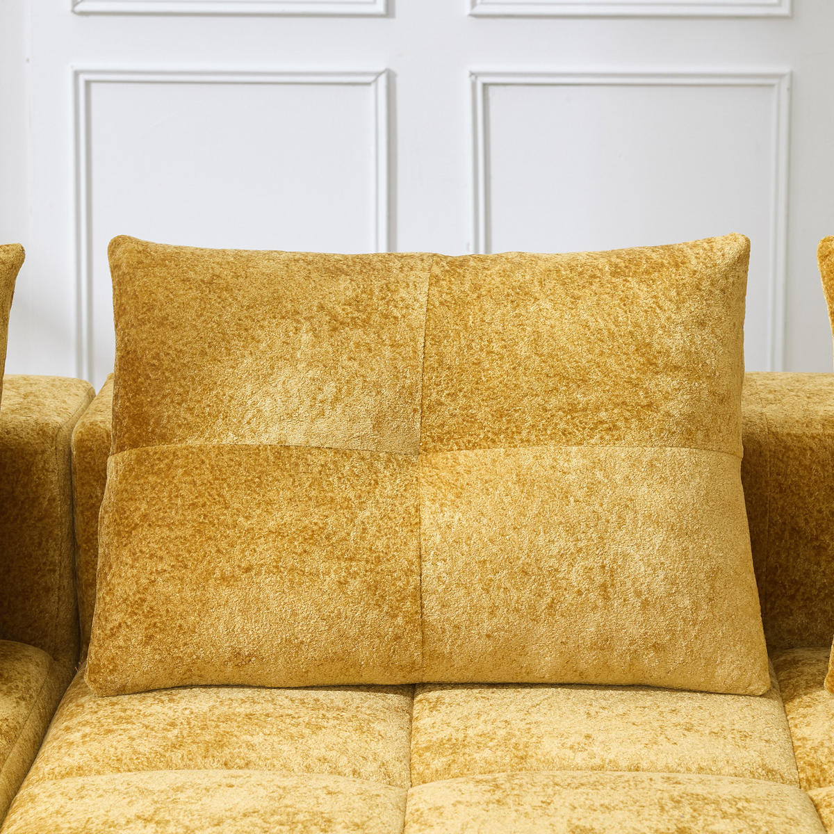 ECKSOFA chenille L-form mit getränkehaltern & 3 kissen - Gelb, Textil (258/163cm) - Urban Meuble