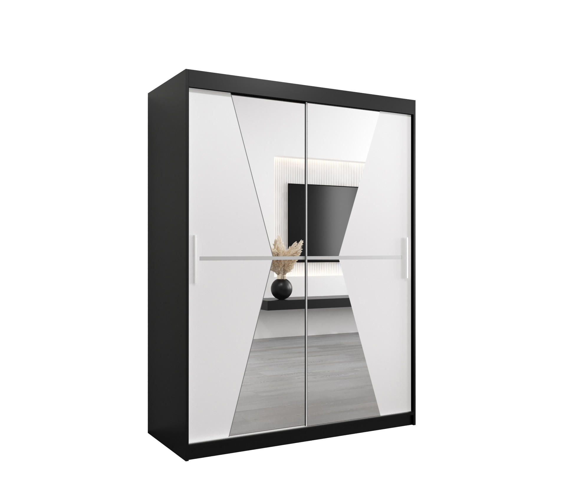 Abiks Möbel Schwebetürenschrank Schwarz, Weiß 150x200x62 cm