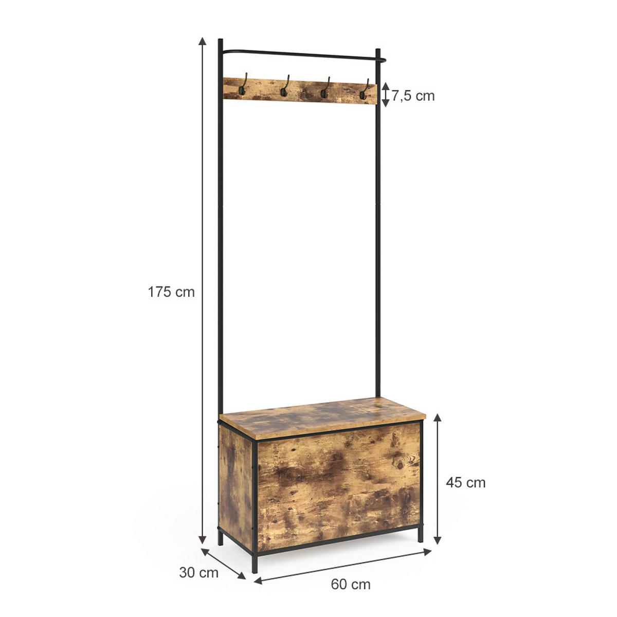 GARDEROBE Fyrk Eiche rustikal 65 x 175 cm - Wildeiche/Schwarz, Holzwerkstoff (65/175/30cm) - Vicco