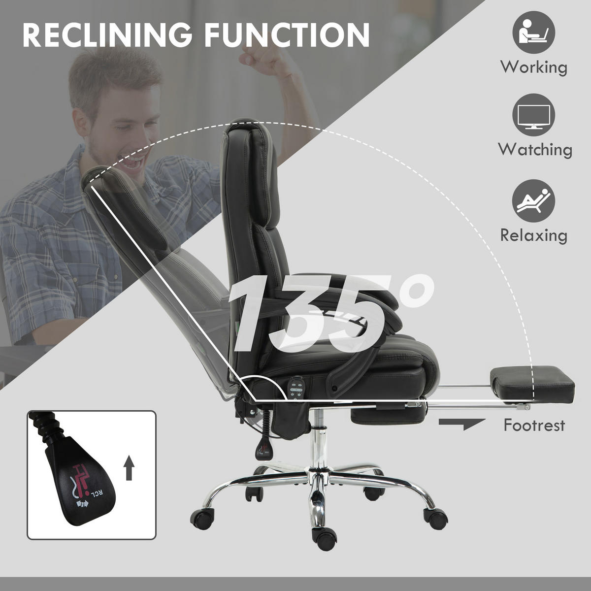 KANCELÁŘSKÁ ŽIDLE s masážní funkcí PC židle s vyhříváním a funkcí polohování Černá - černá/stříbrná, kov/plast (67/126/66cm) - Vinsetto
