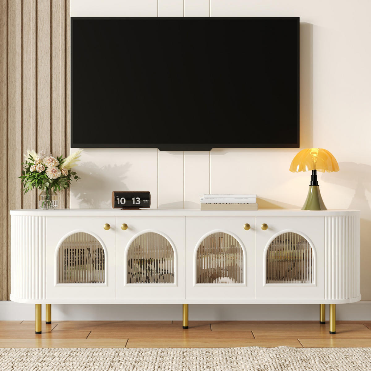 TV Lowboard 4 Glastüren, goldene Griffe, Weiß - Weiß, Holz (170/55/35cm)