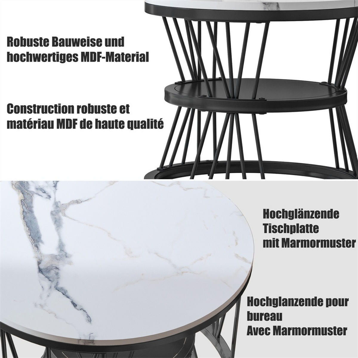 COUCHTISCH 2er-Set - Runder Couchtisch in Marmoroptik mit V-Metallgestell - Weiß und Schwarz - Schwarz, Holzwerkstoff (70/70/45cm) - DELFA