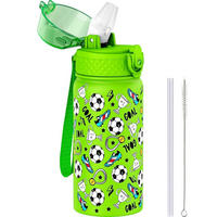 KINDER Trinkflasche mit Strohhalm 420 ml Edelstahl isoliert grün Fußball - Grün, Metall (7.5/7.5cm)