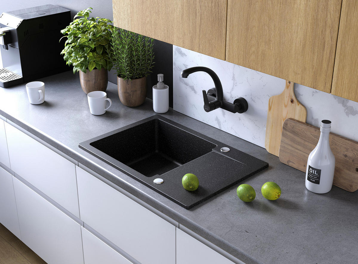 EINBAUSPÜLE Celebes Schwarz, Einzelbecken, 44/65/18,5 cm - Schwarz, Stein (44/18.5/65cm) - bad land
