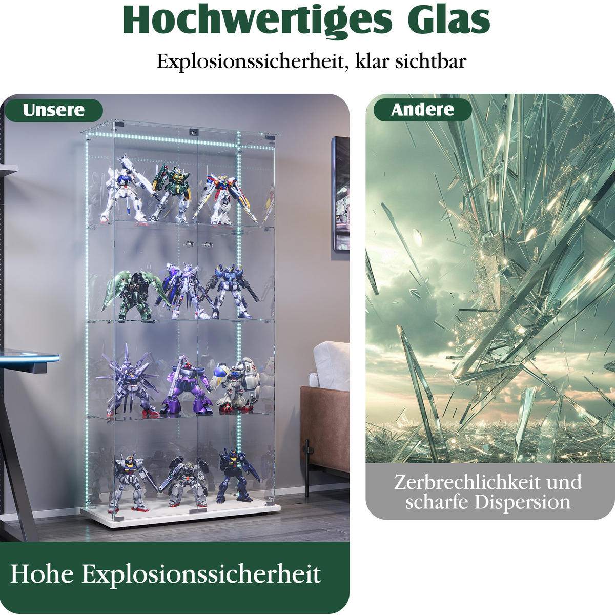 GLASVITRINE, Doppeltüren mit Schloss, 4 Einlegeböden, LED-Lichtleiste, Weiß - Weiß, Glas (78.5/163/35cm) - BRILVERDE