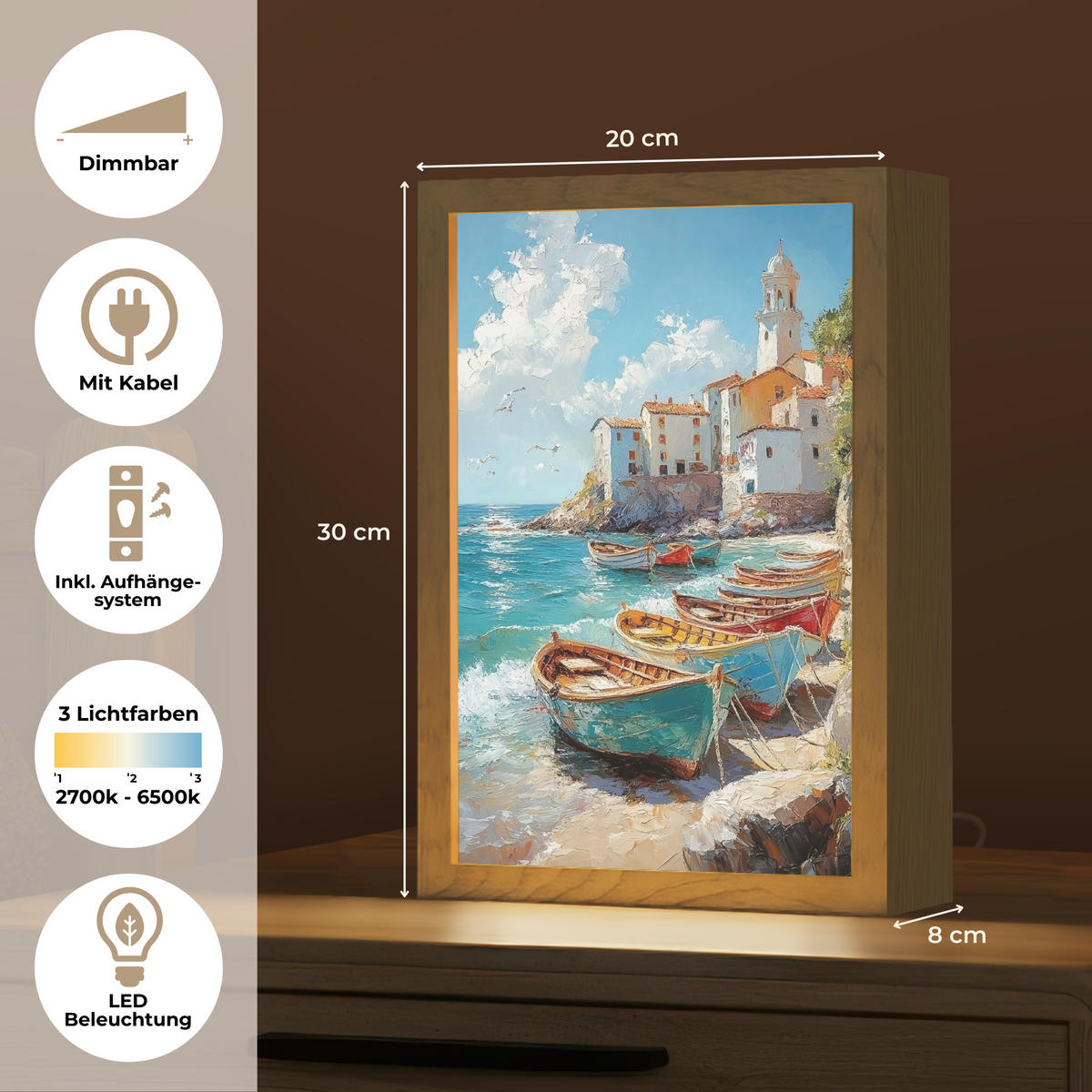 NÁSTĚNNÁ LAMPA Lodě - skály - moře - slunce 20x30 cm - modrá, kompozitní dřevo (20/30/8cm) - OnlyWow